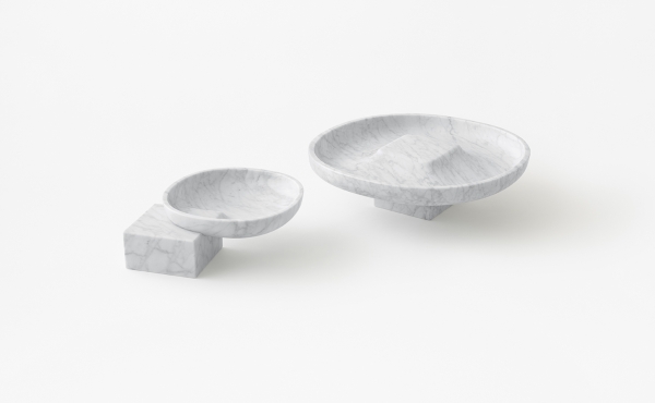 Underbowl S and Underbowl L bowl by nendo in White Carrara marble, matt polished finish.